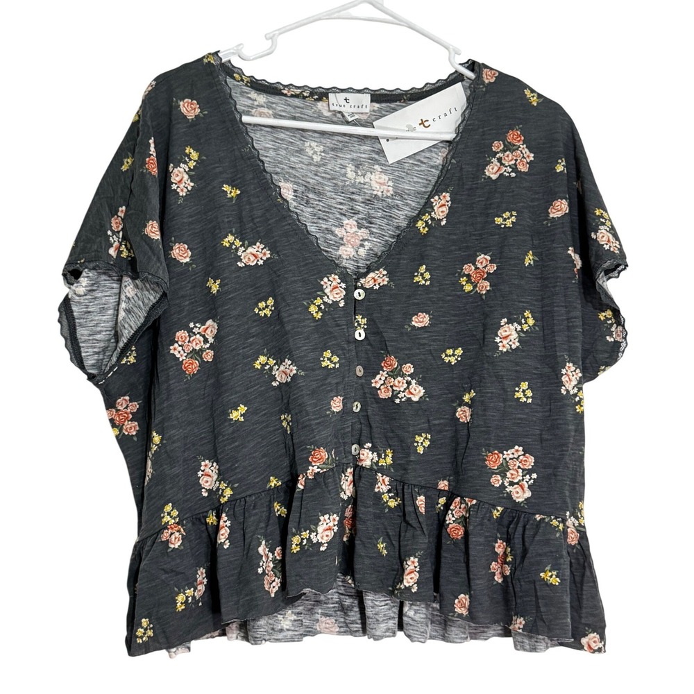 True Craft Womens Floral V-Neck Peplum Top Charcoal Grey Lace Trim Large NWT - Picture 2 of 6